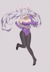 Rule 34 | 1girl, amiba (amiba00638239), animal ears, azur lane, bare shoulders, black pantyhose, breasts, collarbone, disembodied hand, elbow gloves, fake animal ears, female focus, full body, gloves, grey background, hands up, laffey (azur lane), leg up, leotard, long hair, medium breasts, one eye closed, pantyhose, pink eyes, playboy bunny, purple gloves, purple leotard, rabbit ears, shiny clothes, silver hair, simple background, solo, standing, standing on one leg, strapless, strapless leotard, twintails