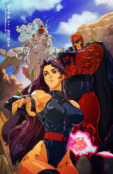 1boy 2girls absurdres breasts cape covered_erect_nipples crossed_arms david_liu electricity energy_blade floating glowing glowing_eyes grey_hair helmet highleg highleg_leotard highres large_breasts leotard looking_at_viewer looking_to_the_side magneto marvel multiple_girls muscular muscular_female muscular_male psylocke storm_(x-men) superhero_costume x-men x-men:_children_of_the_atom