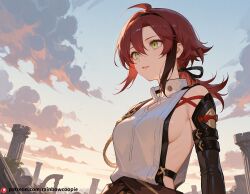 ancient_ruins beautfiul_background breasts cloud cloudy_sky exhausted flashing_her_tits flushed_lips large_breasts shikanoin_heizou sky stunning_backgroud