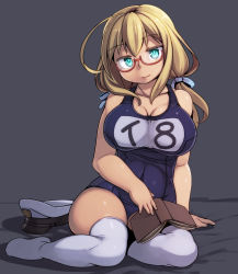 Rule 34 | 10s, 1girl, ahoge, aqua eyes, arm support, bad hands, blonde hair, book, breasts, covered navel, glasses, hat, unworn hat, unworn headwear, highres, i-8 (kancolle), kantai collection, kawacchi hirohiro, large breasts, long hair, one-piece swimsuit, peaked cap, red-framed eyewear, school swimsuit, sitting, solo, swimsuit, thighhighs, white thighhighs, yokozuwari