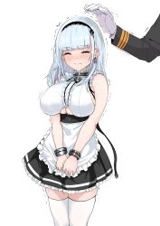 Rule 34 | 1girl, absurdres, apron, azur lane, blunt bangs, blush, breasts, closed eyes, clothing cutout, cowboy shot, dido (azur lane), earrings, gloves, hairband, highres, jewelry, large breasts, long hair, long sleeves, maid, maid apron, maid headdress, silver hair, simple background, sleeveless, solo focus, thighhighs, trembling, underboob, underboob cutout, upanishi mariko, waist apron, white apron, white background, white gloves, white thighhighs
