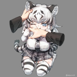 Rule 34 | 1girl, animal ears, biting, biting another&#039;s hand, black hair, black skirt, blue eyes, collared shirt, disembodied hand, elbow gloves, garter straps, gloves, kemono friends, multicolored hair, necktie, nyifu, one eye closed, plaid, plaid necktie, plaid skirt, pleated skirt, print thighhighs, shirt, skirt, solo, tail, thighhighs, tiger, tiger ears, tiger girl, tiger tail, two-tone hair, white gloves, white hair, white shirt, white skirt, white tiger, white tiger (kemono friends), white tiger print, zettai ryouiki