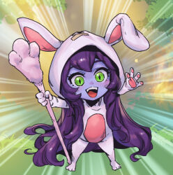Rule 34 | 1girl, :d, alternate costume, animal costume, animal ears, animal hood, blush, commentary, fake animal ears, fangs, full body, green eyes, holding, holding staff, hood, hood up, league of legends, long hair, lulu (league of legends), open mouth, phantom ix row, purple hair, rabbit costume, rabbit hood, slit pupils, smile, solo, staff, standing, symbol-only commentary, teeth, tongue, upper teeth only, yordle