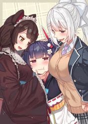 Rule 34 | 3girls, absurdres, animal ears, black jacket, black skirt, blush, bow, braid, breast rest, breasts, breasts on head, brown hair, brown kimono, cardigan, closed mouth, crossover, dog ears, dog girl, flat chest, flower, girl sandwich, hair ornament, headpat, heterochromia, highres, higuchi kaede, higuchi kaede (1st costume), inui toko, jacket, japanese clothes, jitome, kimono, large breasts, long hair, long sleeves, low twintails, maid, maid headdress, miko, multiple girls, nail polish, necktie, nijisanji, nose, obi, one side up, ponytail, pout, purple eyes, red flower, sandwiched, sash, school uniform, skirt, smug, tenjin kotone, tenjin kotone (channel), tonarikeru, twintails, virtual youtuber, wa maid, white bow, white nails, white skirt