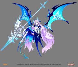 Rule 34 | 1girl, blue bow, blue eyes, blue footwear, blue thighhighs, boots, bow, closed mouth, crossed legs, detached sleeves, elsword, floating, full body, highres, horns, hwansang, ishtar (elsword), knee boots, long hair, looking away, luciela r. sourcream, magic, official art, pointy ears, smile, solo, tail, thighhighs, tiara, twintails, white hair
