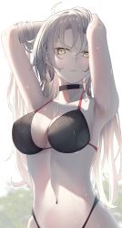 Rule 34 | 1girl, absurdres, armpits, arms behind head, arms up, bare shoulders, bikini, black bikini, blush, breasts, choker, cleavage, closed mouth, fate/grand order, fate (series), grey hair, highleg, highleg bikini, highres, jeanne d&#039;arc alter (avenger) (fate), jeanne d&#039;arc alter (fate), large breasts, long hair, looking at viewer, mishiro (ixtlolton), navel, solo, stomach, swimsuit, very long hair, wet, yellow eyes