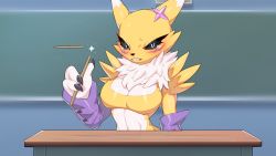 Rule 34 | 1girl, angry, animal ears, animal hands, animal nose, black sclera, blue eyes, blush, body fur, breasts, broken, chalkboard, classroom, claws, cleavage, clenched teeth, colored sclera, constricted pupils, crop top, desk, detached sleeves, digimon, digimon (creature), drunkoak, facial mark, fang, female focus, fox ears, fox girl, furry, furry female, half-closed eyes, hand up, highres, holding, indoors, large breasts, looking at viewer, neck fur, pointer, purple sleeves, renamon, shiny clothes, shiny skin, shirt, shuriken hair ornament, sleeveless, sleeveless shirt, solo, stomach, tears, teeth, two-tone fur, white fur, yellow fur, yellow shirt