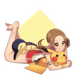 Rule 34 | 0 0box, 1girl, bare shoulders, brown eyes, brown hair, closed mouth, creatures (company), cyndaquil, game freak, gen 1 pokemon, gen 2 pokemon, highres, legs up, lying, lyra (pokemon), nintendo, on stomach, pikachu, pokemon, pokemon (creature), pokemon hgss, red shorts, shirt, shorts, smile, twintails, white shirt