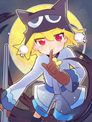 Rule 34 | 1girl, amitie (puyopuyo), animal hat, black headwear, blonde hair, brown gloves, character request, flower, gloves, grey shorts, hat, long sleeves, looking at viewer, moon, night, night sky, pointing, puyopuyo, red amitie, red eyes, shirt, short hair, shorts, sky, smile, white shirt, xox xxxxxx, yellow flower