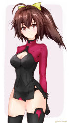 Rule 34 | 1girl, ahoge, alice gear aegis, arm grab, arms behind back, black panties, black thighhighs, bow, breasts, brown eyes, brown hair, cleavage, closed mouth, commentary request, dress, frame arms girl, gennai ao, grey background, hair bow, highres, latex, latex dress, long hair, long sleeves, looking at viewer, medium breasts, microdress, outside border, panties, ponytail, rasen manga, red dress, rounded corners, smile, solo, standing, thighhighs, twitter username, underwear
