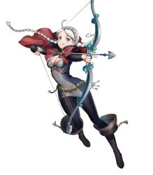 Rule 34 | 1girl, arrow (projectile), belt, blue eyes, boots, bow (weapon), braid, breasts, bridal gauntlets, capelet, dress, fire emblem, fire emblem fates, fire emblem heroes, full body, hairband, highres, holding, holding bow (weapon), holding weapon, long hair, looking at viewer, medium breasts, nina (fire emblem), nintendo, non-web source, official art, pantyhose, parted bangs, short dress, silver hair, smile, solo, striped, tongue, tongue out, transparent background, turtleneck, twin braids, twintails, vertical stripes, weapon
