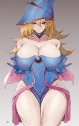 Rule 34 | 1girl, absurdres, artist name, bare shoulders, blonde hair, blue dress, blue gloves, blush stickers, breasts, capelet, cleavage, collar, collarbone, commentary request, dark magician girl, double v, dress, duel monster, gloves, gradient background, green eyes, hat, highres, kataku musou, large breasts, lips, long hair, looking at viewer, parted lips, pelvic curtain, pentacle, shiny skin, short dress, signature, simple background, smile, solo, thighs, v, wizard hat, yu-gi-oh!, yu-gi-oh! duel monsters