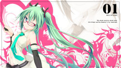 Rule 34 | 1girl, bad id, bad pixiv id, bare shoulders, bespectacled, blush, breasts, character name, elbow gloves, glasses, gloves, green eyes, green hair, hair ornament, hair ribbon, hatsune miku, heart, highres, long hair, looking at viewer, matching hair/eyes, nail polish, navel, necktie, ogami kazuki, one eye closed, red-framed eyewear, ribbon, smile, solo, twintails, very long hair, vocaloid, wink, zoom layer