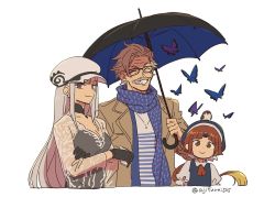 Rule 34 | 1boy, 2girls, ^ ^, animal, animal on head, asaya minoru, benienma (fate), benienma (tour outfit) (fate), bird, black-framed eyewear, black dress, black gloves, black umbrella, blue scarf, brown coat, brown hair, bug, butterfly, cabbie hat, carmilla (fate), cellphone, closed eyes, closed mouth, coat, cropped torso, dress, facial hair, fate/grand order, fate (series), glasses, gloves, grey hair, grin, hat, holding, holding phone, holding umbrella, insect, james moriarty (archer) (fate), long hair, low ponytail, multiple girls, mustache, on head, open clothes, open coat, phone, ponytail, puffy short sleeves, puffy sleeves, purple eyes, scarf, see-through, see-through sleeves, shirt, short sleeves, simple background, sleeveless, sleeveless dress, smile, striped clothes, striped shirt, twitter username, umbrella, upper body, very long hair, white background, white headwear, white shirt, wide sleeves
