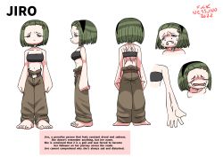 Rule 34 | 1girl, 2022, absurdres, artist name, barefoot, brown gloves, character name, character sheet, english text, gloves, green hair, highres, md5 mismatch, multiple views, nesziuno, pants, profanity, resolution mismatch, scar, scar on back, self-upload, short hair, simple background, source smaller, strapless, tube top, white background