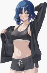 Rule 34 | 1girl, absurdres, arm up, asymmetrical sidelocks, black jacket, black shorts, black sports bra, blue hair, blush, bocchi the rock!, breasts, cleavage, closed mouth, collarbone, commentary request, cowboy shot, dolphin shorts, hair ornament, hairclip, highres, jacket, looking at viewer, makise (mix020511), medium breasts, mole, mole under eye, navel, open clothes, open jacket, open mouth, short hair, short shorts, shorts, simple background, single bare shoulder, solo, sports bra, white background, yamada ryo, yellow eyes