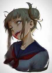 Rule 34 | 1girl, absurdres, blonde hair, blood, blood from mouth, blood on clothes, blood on face, blue sailor collar, blunt bangs, boku no hero academia, commentary, cool4noodle, crazy eyes, cropped torso, double bun, eyelashes, fangs, from below, from side, hair bun, hair strand, hair up, head tilt, highres, licking lips, looking ahead, messy hair, mixed-language commentary, neckerchief, open mouth, portrait, red neckerchief, sailor collar, sanpaku, school uniform, serafuku, sidelocks, simple background, solo, toga himiko, tongue, tongue out, white background, yellow eyes