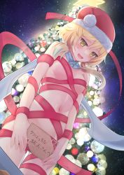 Rule 34 | 1girl, absurdres, blonde hair, blush, breasts, christmas, christmas tree, embarrassed, genshin impact, highres, huziiro matutya, looking down, lumine (genshin impact), medium breasts, medium hair, naked ribbon, night, open mouth, ribbon, santa costume, sign, solo, thighs, yellow eyes