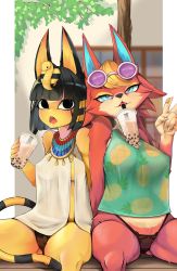 Rule 34 | 2girls, animal crossing, animal ears, animal hands, animal nose, ankha (animal crossing), aqua shirt, arm at side, audie (animal crossing), bare shoulders, bench, black eyes, black hair, black panties, blonde hair, blue eyes, blunt bangs, blurry, blurry background, blush, bob cut, body fur, breasts, bubble tea, bubble tea challenge, cat ears, cat girl, cat tail, claws, covered erect nipples, cup, disposable cup, dress, drink, drinking straw, egyptian clothes, eyeshadow, eyewear on head, fangs, female focus, furry, furry female, gluteal fold, hair ornament, half-closed eyes, hand up, head tilt, heart, heart-shaped pupils, highres, holding, holding cup, holding drink, large breasts, letterboxed, light blush, looking at viewer, makeup, medium breasts, multiple girls, navel, nintendo, no bra, no pants, on bench, open mouth, outside border, panties, pawpads, pineapple print, pingqiong xiansheng, pink-framed eyewear, purple-tinted eyewear, red fur, saliva, saliva trail, see-through, shirt, short dress, short hair, sitting, sleeveless, sleeveless shirt, snake hair ornament, spread legs, string panties, sunglasses, swept bangs, symbol-shaped pupils, tail, thick thighs, thighs, tinted eyewear, tongue, tongue out, tree, two-tone fur, underwear, v, white dress, white fur, wolf ears, wolf girl, yellow eyeshadow, yellow fur