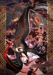 Rule 34 | 1girl, amulet, ankle gun, bad id, bad twitter id, bayonetta, bayonetta (series), beehive hairdo, black-framed eyewear, black bodysuit, bodysuit, breasts, cherry blossoms, cleavage, cleavage cutout, clothing cutout, dated, earrings, galaxy, glasses, gloves, gun, highres, jewelry, kara namako, large breasts, long hair, mole, mole under mouth, outside border, pillarboxed, red ribbon, ribbon, skin tight, solo, space, star (sky), upside-down, weapon, white gloves