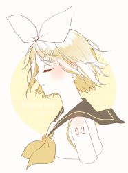 Rule 34 | 1girl, aryuma772, ascot, bare shoulders, blonde hair, bow, closed eyes, hair bow, hair ornament, hairclip, highres, kagamine rin, number tattoo, pale color, pale skin, parted lips, profile, sailor collar, shirt, short hair, shoulder tattoo, sleeveless, sleeveless shirt, solo, tattoo, upper body, vocaloid, yellow ascot