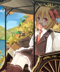 Rule 34 | 1girl, black dress, blonde hair, blue sky, candy, carriage, cloud, day, dress, food, hair ribbon, lollipop, long sleeves, looking at viewer, necktie, red eyes, ribbon, rumia, shirt, sitting, sky, solo, touhou, yuuhagi (amaretto-no-natsu)