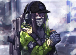 Rule 34 | 1girl, abandoned, alternate costume, armband, assault rifle, backpack, bag, baseball cap, black hair, black legwear, black shorts, brown eyes, building, bulletproof vest, car, close-up, commentary, emblem, english commentary, english text, explosive, eyebrows, from side, girls&#039; frontline, gloves, green hair, green jacket, grenade, griffin &amp; kryuger, grifon &amp; kryuger, gun, hat, headphones, holding, holding grenade, holster, holstered, jacket, looking at viewer, m4 carbine, m4a1 (girls&#039; frontline), mishima hiroji, motor vehicle, multicolored hair, outdoors, pouch, radio, rifle, scarf, scarf over mouth, shorts, sidelocks, snow, snowing, solo, standing, strap, tactical clothes, tom clancy&#039;s the division, vest pouch, watch, weapon, weapon on back, wristwatch