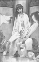 Rule 34 | 2girls, arms behind back, barefoot, bdsm, bent over, black hair, bottomless, breasts, drinking pee, expressionless, highres, hiroaki samura, humiliation, monochrome, multiple girls, navel, peeing, peeing self, pencil, realistic, rope, spread legs, toes, topless, underboob, yuri