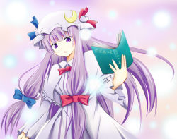 Rule 34 | 1girl, :o, bad id, bad pixiv id, blue bow, blue ribbon, book, bow, capelet, crescent, dress, frilled sleeves, frills, hair bow, hair ribbon, hat, hat ribbon, holding, holding book, hyurasan, long hair, long sleeves, looking at viewer, mob cap, patchouli knowledge, purple eyes, purple hair, red bow, red ribbon, ribbon, solo, striped clothes, striped dress, touhou, tress ribbon, upper body, very long hair