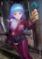 Rule 34 | 1girl, absurdres, bare shoulders, belt, blue hair, blunt bangs, breasts, collarbone, condom, condom wrapper, dated, film grain, glint, highres, holding, holding condom, kula diamond, large breasts, long hair, looking at viewer, mumuy, open mouth, purple eyes, recording, rust, solo, the king of fighters, tight clothes, zipper, zipper pull tab