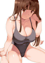 Rule 34 | 1girl, bare shoulders, blunt bangs, breasts, brown eyes, brown hair, cleavage, closed mouth, collarbone, feet, grey one-piece swimsuit, hand in own hair, highleg, highleg swimsuit, large breasts, long hair, looking at viewer, one-piece swimsuit, original, saburou (hgmg), simple background, sitting, smile, solo, swimsuit, thighs, wariza, white background