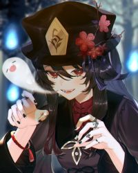 Rule 34 | 1girl, brown hair, coat, collared coat, collared shirt, colored tips, fangs, flower, flower-shaped pupils, genshin impact, ghost, hair between eyes, hat, hat ornament, highres, hu tao (genshin impact), looking at viewer, multicolored hair, multiple rings, nail polish, nana illust, plum blossoms, porkpie hat, red eyes, red shirt, ring, shirt, solo, symbol-shaped pupils, talisman, tassel, twintails