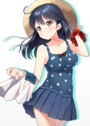 Rule 34 | 10s, 1girl, ahoge, bare shoulders, black hair, blue one-piece swimsuit, blush, breasts, brown eyes, commentary request, hat, hyuuga azuri, kantai collection, long hair, one-piece swimsuit, polka dot, polka dot swimsuit, school uniform, scrunchie, serafuku, simple background, skirt, solo, straw hat, swimsuit, ushio (kancolle), wrist scrunchie