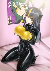 Rule 34 | 1girl, absurdres, ayuayu (shouyu no sato), bed, black hair, bodysuit, breast lift, breasts, covered navel, high heels, highres, kneeling, large breasts, latex, latex suit, long hair, looking at viewer, personification, poster (object), shiny clothes, skin tight, skindentation, solo, ultra kaijuu gijinka keikaku, ultra series, yellow eyes, zetton
