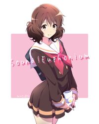 Rule 34 | 1girl, bag, black bag, brown eyes, brown hair, brown shirt, brown skirt, closed mouth, commentary request, copyright name, dated, hibike! euphonium, highres, kitauji high school uniform, looking at viewer, neckerchief, nii manabu, oumae kumiko, pink neckerchief, sailor collar, school uniform, shirt, short hair, signature, skirt, smile, solo, standing, thighs, white sailor collar