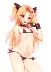 Rule 34 | 1girl, :d, absurdres, akatsuki uni, arm behind back, bare arms, bare shoulders, bikini, black bikini, black choker, black gloves, blonde hair, blush, bow, breasts, cameltoe, choker, cleft of venus, collarbone, commentary request, contrapposto, cowboy shot, fang, gloves, groin, hair ornament, hairclip, hand up, harigane shinshi, highres, long hair, looking at viewer, micro bikini, navel, open mouth, parted bangs, partially fingerless gloves, pink bow, red eyes, ribbon, small breasts, smile, solo, stomach, swimsuit, twintails, two side up, uni create, very long hair, virtual youtuber, white background