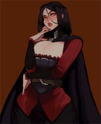 Rule 34 | 1girl, braid, breasts, cape, commission, dress, fingernails, frilled dress, frills, highres, large breasts, lipstick, long sleeves, looking at viewer, makeup, serana, sharp fingernails, short hair, solo, sookidraws, the elder scrolls, the elder scrolls v: skyrim, thick lips, vampire