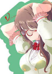 Rule 34 | 1girl, absurdres, arms behind head, arms up, bow, bowtie, breasts, brown hair, buttons, commentary, double-breasted, frilled shirt, frills, fujishima megumi, glasses, green background, green jacket, high ponytail, highres, jacket, lapels, large breasts, link! like! love live!, long hair, looking at viewer, love live!, one eye closed, puffy short sleeves, puffy sleeves, purple eyes, rakinegimagi, red-framed eyewear, red bow, red bowtie, seductive smile, shirt, short sleeves, smile, solo, swept bangs, two-tone background, tying hair, white background, white shirt, wink, x-ray