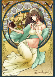 Rule 34 | 1girl, art nouveau, bandeau, bare shoulders, bird, blue eyes, book, breasts, brown hair, commentary request, floating hair, hairband, hand up, heron, highres, holding, holding book, idolmaster, idolmaster cinderella girls, jewelry, large breasts, long hair, long skirt, looking at viewer, navel, necklace, nohito, open book, sagisawa fumika, shawl, signature, skirt, smile, solo