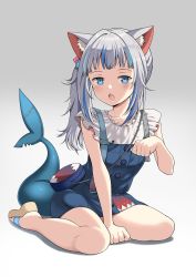 Rule 34 | 1girl, animal ears, arm support, blue eyes, blush, cat ears, fins, fish tail, gawr gura, gawr gura (casual), grey hair, highres, hololive, hololive english, long hair, looking at viewer, open mouth, paw pose, shark tail, sharp teeth, side ponytail, sitting, skirt, solo, stitches, suspender skirt, suspenders, sutemeto, tail, teeth, virtual youtuber, white background, white hair, yokozuwari