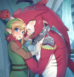 Rule 34 | 1boy, 1girl, blonde hair, blue eyes, blush, colored skin, fish boy, from side, green shirt, green skirt, highres, imminent kiss, jewelry, link, long hair, looking at viewer, monster boy, multicolored skin, nintendo, open mouth, pointy ears, red skin, sharp teeth, shirt, sidon, skirt, smile, teeth, the legend of zelda, the legend of zelda: breath of the wild, ttanuu., zora