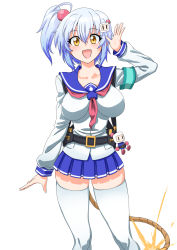 Rule 34 | 1girl, :d, arm at side, armband, blue hair, blue sailor collar, blue skirt, bombergirl, bomberman, breasts, brown tail, character hair ornament, collarbone, fuse, fuse tail, gradient hair, hair between eyes, hair bobbles, hair ornament, hand up, highres, large breasts, legs apart, light blue hair, lit fuse, long sleeves, looking at viewer, miniskirt, multicolored hair, one side up, open mouth, pansy orchid, pleated skirt, sailor collar, school uniform, serafuku, shiro (bombergirl), shirt, short hair, simple background, skindentation, skirt, smile, solo, tail, thighhighs, thighs, white background, white bomberman, white shirt, white thighhighs, yellow eyes, zettai ryouiki