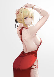 Rule 34 | 1girl, ;q, armpits, arms up, back, backless dress, backless outfit, bad id, bad pixiv id, baige0, bare shoulders, black bow, blonde hair, blush, bow, bracelet, breasts, closed mouth, cowboy shot, dress, facepaint, fingernails, hair bow, halter dress, halterneck, highres, jewelry, large breasts, long fingernails, looking at viewer, lycoris recoil, nail polish, nishikigi chisato, one eye closed, pelvic curtain, red dress, red eyes, red nails, short hair, sideboob, simple background, smile, solo, tongue, tongue out, white background
