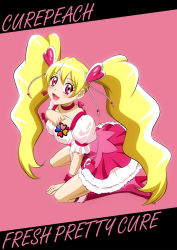 Rule 34 | 1girl, :d, between legs, blonde hair, boots, character name, choker, collarbone, copyright name, cure peach, earrings, floating hair, fresh precure!, fuchi (nightmare), full body, hair between eyes, hair ornament, hand between legs, heart, heart earrings, heart hair ornament, high heel boots, high heels, highres, jewelry, knee boots, kneeling, layered skirt, long hair, miniskirt, open mouth, pink background, precure, red choker, red eyes, red footwear, red skirt, shirt, short sleeves, skirt, smile, solo, twintails, two-tone skirt, underbust, very long hair, white shirt, white skirt