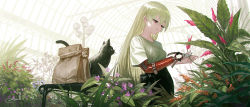 Rule 34 | 1girl, amputee, bag, black cat, black skirt, botanical garden, breasts, cat, ceiling, commentary request, cowboy shot, cutting, day, flower, garden, green hair, greenhouse, half-closed eyes, highres, indoors, lamppost, long hair, looking at hand, looking away, looking down, medium breasts, original, paper bag, plant, prosthesis, prosthetic arm, purple eyes, reoen, scissors, shirt, short sleeves, sidelocks, signature, skirt, solo, straight hair, t-shirt, table, white shirt
