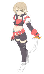 Rule 34 | 1girl, bad id, bad pixiv id, bandeau, belt, belt buckle, black jacket, black shorts, black sleeves, black thighhighs, blush, boots, brown eyes, brown hair, buckle, closed mouth, cosplay, cosplay request, cropped jacket, detached sleeves, full body, gloves, hair between eyes, high heel boots, high heels, holding, holding sword, holding weapon, idolmaster, idolmaster cinderella girls, jacket, long hair, long sleeves, midriff, morikubo nono, navel, puffy short sleeves, puffy sleeves, red bandeau, red belt, red gloves, ringlets, short shorts, short sleeves, short sword, shorts, simple background, smile, solo, sword, thighhighs, uccow, weapon, white background, white footwear