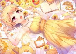 Rule 34 | 1girl, :d, arm up, blush, book, bracelet, breasts, cleavage, commentary request, dress, dutch angle, fingernails, flower, food, fork, hair ornament, hairclip, hand up, high heels, highres, jewelry, knife, light brown hair, looking at viewer, lying, necklace, on back, open book, open mouth, orange footwear, original, pancake, petals, plate, red eyes, red flower, sandals, school uniform, serafuku, short hair, sleeveless, sleeveless dress, small breasts, smile, solo, sunflower, torokeru none, wallet, white flower, yellow dress, yellow flower