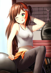 Rule 34 | 1girl, ;p, arm behind head, arm support, arm up, black pants, blush, breasts, brown hair, closed mouth, commentary, commission, english commentary, feet out of frame, green eyes, hair ornament, highres, indoors, knee up, medium breasts, midriff, multicolored hair, navel, one eye closed, orange hair, original, pants, prophosphere, smile, solo, streaked hair, tank top, tongue, tongue out, white tank top, wrench