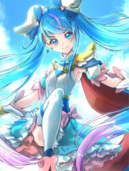 Rule 34 | 1girl, absurdres, artist name, asymmetrical clothes, blue eyes, blue hair, cape, clear glass (mildmild1311), closed mouth, commentary request, cure sky, dress, earrings, eyelashes, gloves, gradient hair, hair ornament, happy, highres, hirogaru sky! precure, jewelry, long hair, looking at viewer, magical girl, multicolored hair, pink hair, precure, signature, sky, smile, solo, sora harewataru, streaked hair, thighhighs, thighs, twintails, twitter username, white gloves