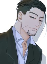 Rule 34 | 1boy, black eyes, black hair, black suit, closed mouth, facial hair, facial scar, formal, goatee, golden kamuy, hair strand, half-closed eyes, isa (peien516), looking at viewer, male focus, ogata hyakunosuke, open clothes, open shirt, portrait, scar, scar on cheek, scar on face, shirt, short hair, simple background, solo, suit, upper body, white shirt